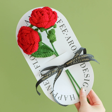 Hand Knitted Artificial Flower Bouquet Crochet Yarn Cotton Lily Rose Tulip Sunflower Desktop Decoration Gifts