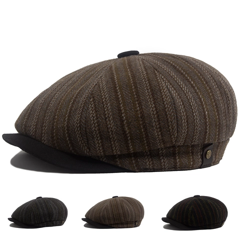 Berretto Newsboy Vintage Misto Lana Spina Di Pesce A Righe Cappello Gatsby Ottagonale Retro Britannico Caldo Inverno Uomo Donna