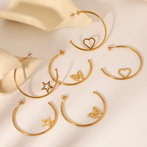 Edelstahl Creolen Für Frauen 18K Vergoldet Hohl Schmetterling Herz Stern Anhänger Minimalistischer Schmuck