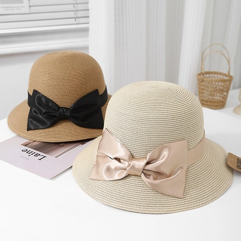 Women Sun Straw Hat Foldable UV Protection Wide Brim With Large Satin Bow French Elegant Summer Beach Travel