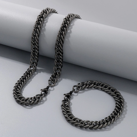 Conjunto De Joyas Hip Hop Para Hombre Acero Inoxidable Collar Y Pulsera De Cadena Cubana Con Textura Estilo Punk