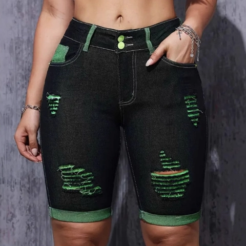 Bermudas De Mezclilla Para Mujer Cintura Alta Rotos Color Contrastado Negro Verde Streetwear Moda Pantalones