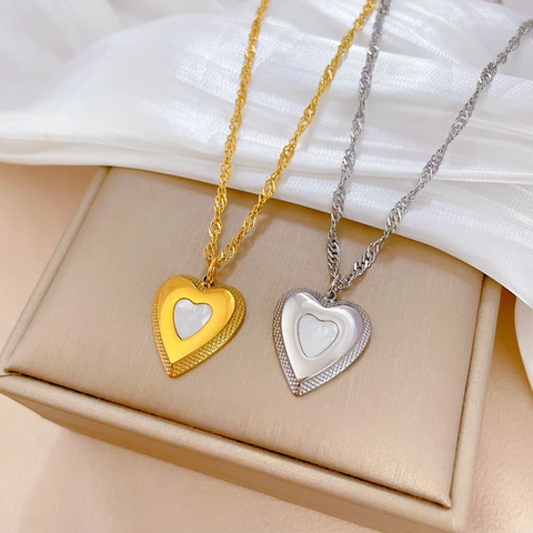 Collar Con Colgante De Corazón Acero Inoxidable Incrustación De Concha Chapado En Oro Cadena De Clavícula Joyería Minimalista Mujer