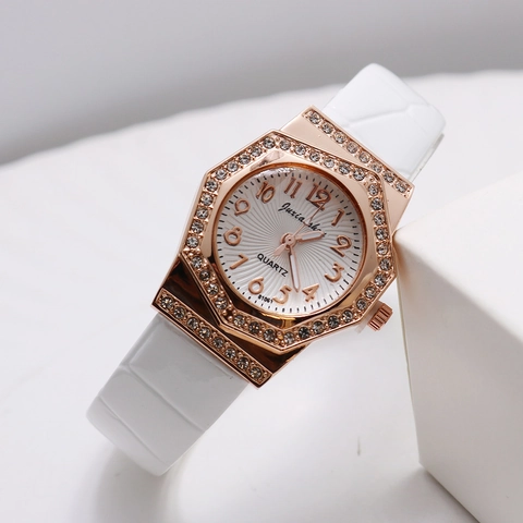Womens Fashion Quartz Watch Octagonal Rhinestone Alloy Case Crocodile Texture PU Leather Strap Casual Elegant Wristwatch