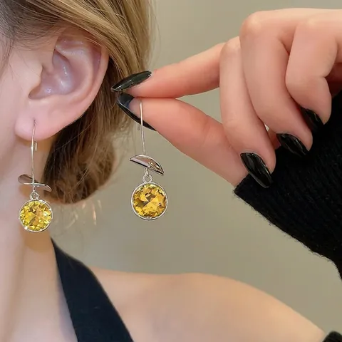 Yellow Round Rhinestone Dangle Earrings Silver Alloy Long Hook Jewelry For Women Elegant Chic Fashion
