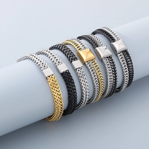 Bracciale da Uomo Hip Hop in Acciaio al Titanio Doppia Fila Cuban Link Moda Spazzolato Wheat Chain Bracciale Con Chiusura a Piramide