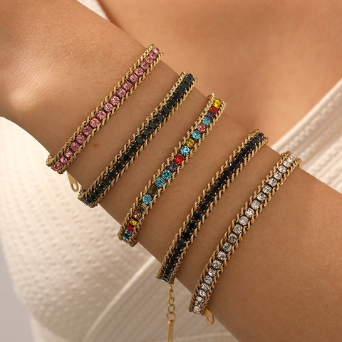 18K Gold Plated Stainless Steel Bracelet Colorful Rhinestone Zircon Adjustable Chain Fashion Jewelry For Women