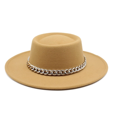 Elegant Flat Top Boater Hat Woolen Felt Wide Brim Fedora With Bold Metal Chain Vintage Style Solid Color For Women