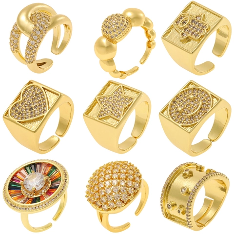 Mode Minimalistisch Gold Plattiert Kupfer Zirkonia Offen Verstellbar Ringe Für Damen Hamsa Herz Lächeln Gesicht Stern Band Ring Schmuck