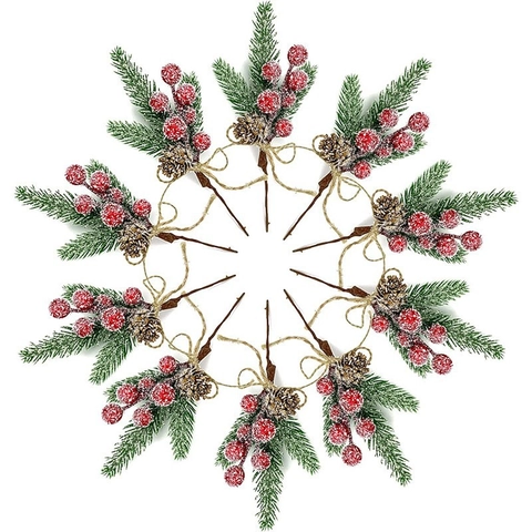 Pico de Aguja de Pino de Navidad Artificial Con Piña Pequeña Nieve Escarcha Bayas Rojas Lazo de Cáñamo Decoración Árbol DIY