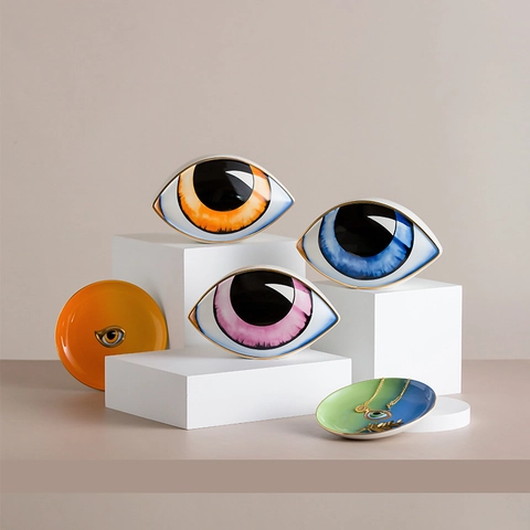 Adorno Decorativo De Cerámica Ojo Turco Figura De Arte Soporte Para Joyas De Escritorio Con Borde Dorado Decoración