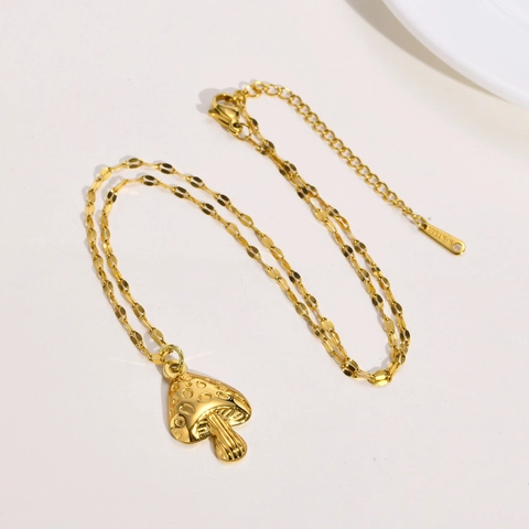 Bijoux Champignon Collier Et Boucles D'oreilles Créoles Acier Inoxydable Doré Accessoire Style Forêt Pour Femme