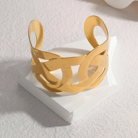 Bracciale A Polsino Largo Vuoto Incrociato Intrecciato Placcato Oro 18K Acciaio Inossidabile Aperto Regolabile Per Donna