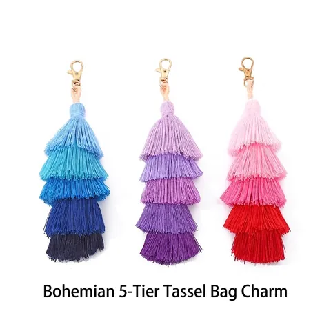 Böhmischer Mehrlagiger Verlaufs-Quasten Taschenanhänger Polyester Dekorativer Schlüsselanhänger Mit Karabinerverschluss