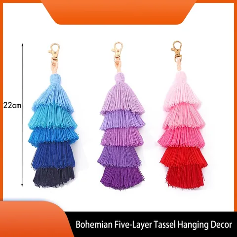 Charme De Sac À Pompons Dégradés Multicouches Bohémiens Pendentif De Porte-Clés Décoratif En Polyester Avec Fermoir Mousqueton