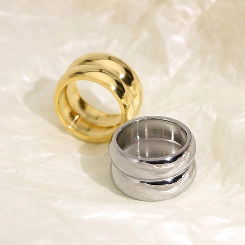 Minimalist Double Layer Wide Band Ring Stainless Steel 18K Gold Plated Geometric High Polish Fashion Jewelry For Women