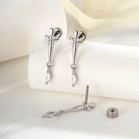 Dagger Sword Ear Cartilage Stud Earrings Titanium Steel Copper Zircon Screw Back Punk Gothic Piercing Jewelry Women Men