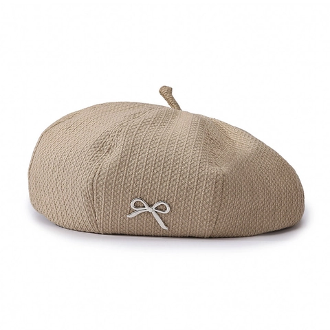 Women Knitted Beret Autumn Winter Waffle Texture With Metal Bow And Letter C Decoration Adjustable Fashion Warm Cap