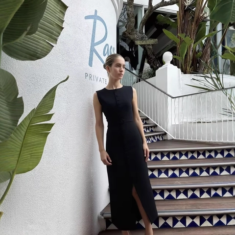 Women Sleeveless Button Down Midi Dress Polyester With Waist Belt Side Slit Elegant Office Party Wear