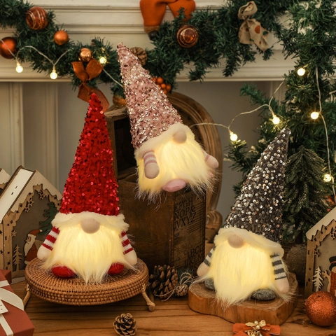 Gnomo de Navidad Brillante con Sombrero de Lentejuelas Muñeco de Peluche Sin Rostro Con Luz LED Manga a Rayas Decoración del Hogar Rudolph