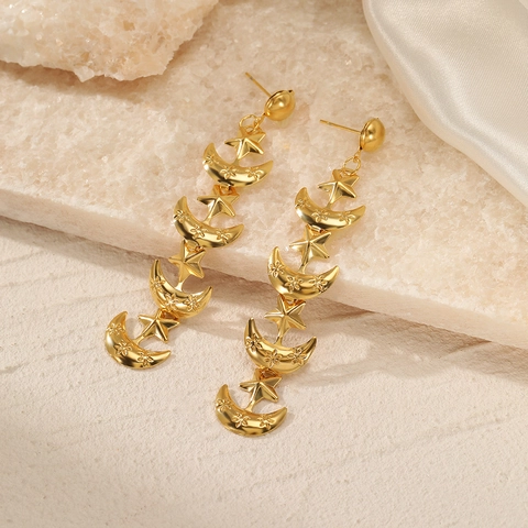 Stern Mond Hänger Ohrringe Und Armband Edelstahl 18K Vergoldet Lange Fransen Tropfen Schmuck Für Frauen Böhmischer Stil