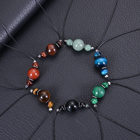 Natural Tiger Eye Stone Pendant Necklace Handcrafted Round Gemstone Bead Black Woven Rope Cord Adjustable Healing Amulet