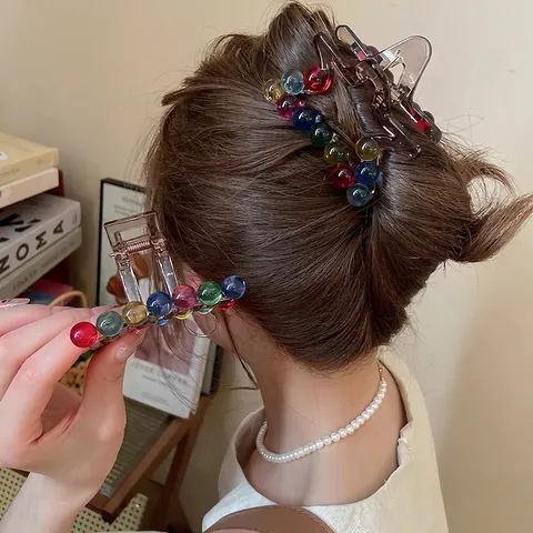 Colorful Beads Hair Claw Clip Acrylic Shark Clip Transparent Brown Elegant Fashionable Hair Accessories For Women Girls