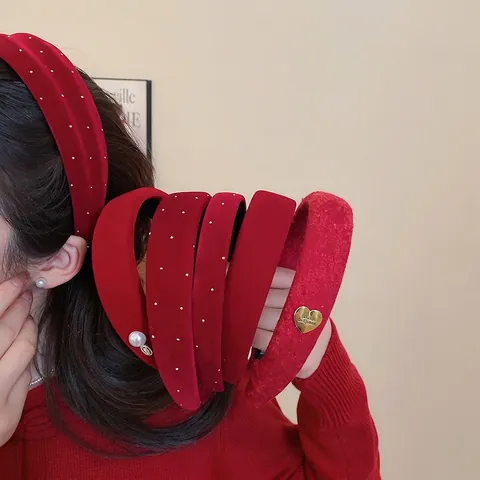 Cerchietto Vintage Rosso Velluto Tweed Strass Perla Artificial Ciondolo Cuore Elegante Imbottito Accessorio Capelli Donna