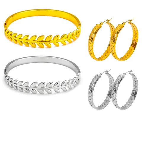 Mode Roestvrij Staal Blad Korenaar Armband En Creolen Sieradenset 18K Verguld Voor Vrouwen Gepersonaliseerd Cadeau