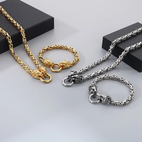 Collar Y Pulsera Para Hombre De Acero Inoxidable Cadena Bizantina Con Cierre De Cabeza De León Joyas Hip Hop Punk