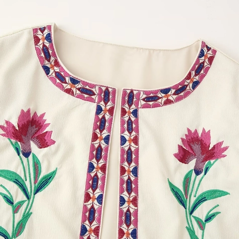 Dames Vintage Floral Geborduurde Korte Jas Ronde Hals Lange Mouwen Elegante Polyester Retro Bovenkleding Crème Jas