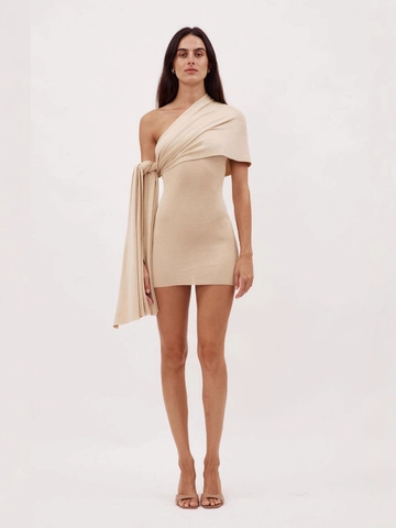 One Shoulder Knitted Mini Dress Asymmetric Bodycon Ribbed Tie Waist Elegant Slim Fit For Women Off White