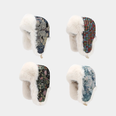 Cappello Da Trapper Ecopelliccia Jacquard Stampa Floreale Paraorecchie Inverno Caldo Antivento