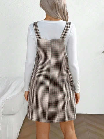 Maternity Plaid Suspender Dress And Long Sleeve Top Adjustable Straps Polyester A-Line Mini Casual With Pockets