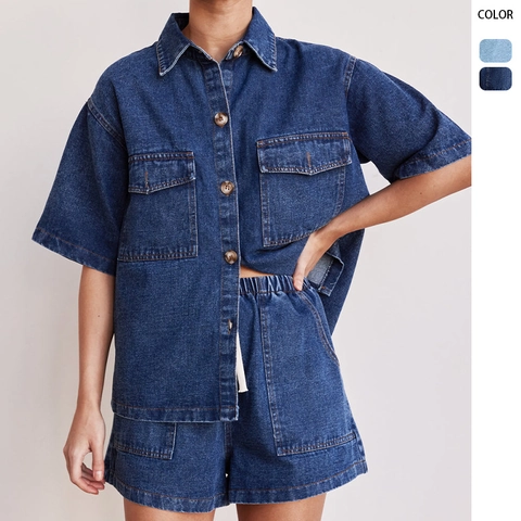 Women Denim Short Sleeve Button Up Shirt And Elastic Waist Shorts Casual Summer Outfits Solid Color