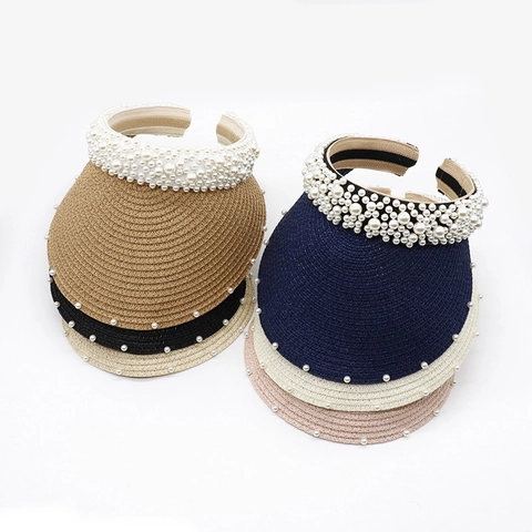 Women Pearl Woven Paper Straw Sun Visor Hat Open Top Summer Beach UV Protection Elegant Headband Style Straw Hat