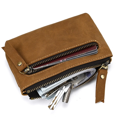 Porte-Monnaie Vintage En Cuir Véritable Mini Portefeuille Porte-Clés Pochette Zippée Petit Sac À Monnaie Unisexe
