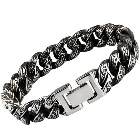 Bracelet À Chaîne Cubaine Sculptée Vintage En Alliage Style Punk Rétro Pour Hommes Et Femmes Argent Noir