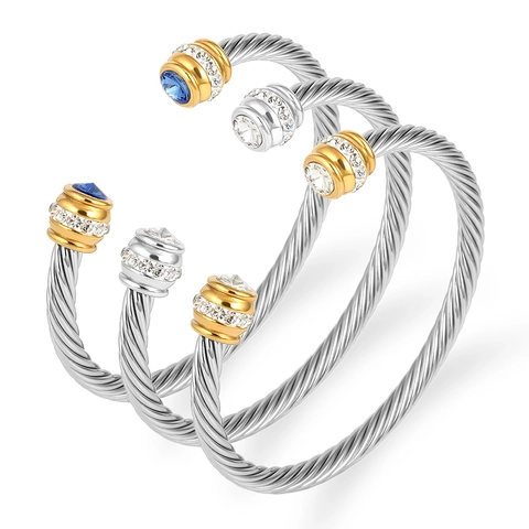 Stainless Steel Twisted Cable Cuff Bracelet Western Style Rhinestone Inlaid Open Bangle For Women Men Fashion Jewelry Gift