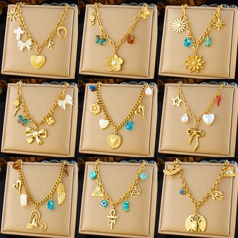 Vintage Edelstahl Gold Multi Anhänger Halskette Für Damen Herz Schleife Schmetterling Kirsche Kreuz Böser Blick Schmuck