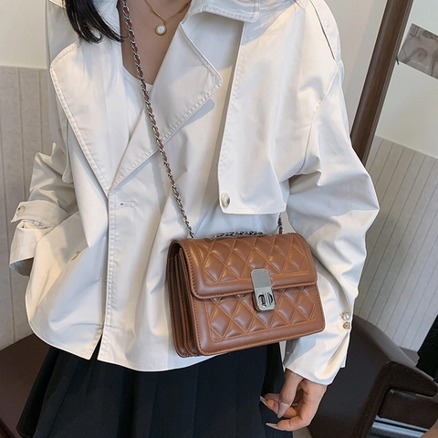 Women Quilted Rhombus Crossbody Bag PU Leather Metal Chain Strap Small Square Box Turn Lock Fashionable Shoulder Handbag