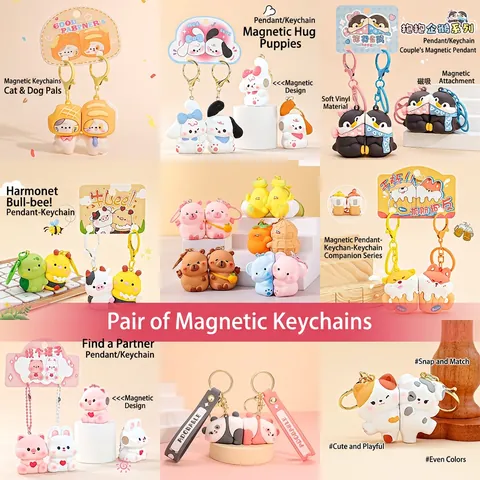 3D Cartoon Animal Magnetic Keychain Resin PVC Bag Charm Pendants Decorative Key Ring Accessory Gift For Couple Friends