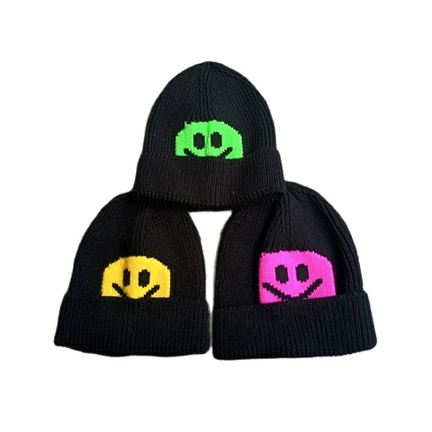 Bonnet En Tricot Acrylique Hiver Chaud Motif Visage Souriant Pixel Streetwear Bonnet Thermique Unisexe