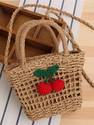 Geweven Papieren Touw Crossbody Tas Met Kersen Ornament Holle Zomer Strandvakantie Handtas Voor Dames