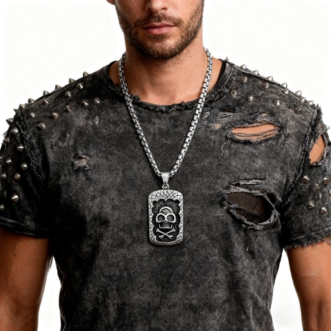 Men Stainless Steel Skull Pendant Necklace Vintage Punk Hip Hop Gothic Square Tag Rock Jewelry Accessory Gift