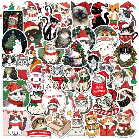 Weihnachts Katzen Aufkleber Cartoon Kätzchen Abziehbilder Wasserdicht PVC DIY Laptop Handyhülle Gepäck Scrapbook Deko Geschenk