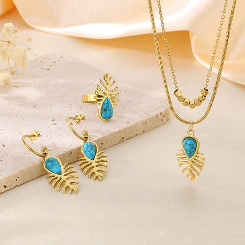 Stainless Steel Jewelry Set For Women Double Layer Snake Chain Necklace Leaf Pendant Opal Earrings Adjustable Ring Gift