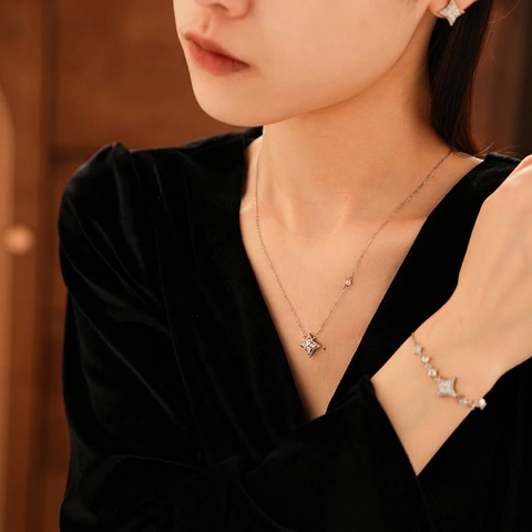 Collana Bracciale Orecchini Stella A Quattro Punte Rame Zircone Elegante Per Donna