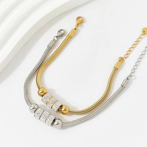 Pulsera De Cadena De Serpiente De Acero Inoxidable Con Cuentas De Diamantes De Imitación Para Mujer