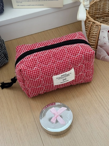 Quilted Heart Plaid Cosmetic Bag Cotton Checkered Octagonal Makeup Organizer Stationery Pouch Storage Bag For Women Students
